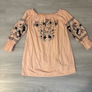 Free People Dress Womens Peachy Pink Embroidered Off Shoulder Boho Tunic Size XS